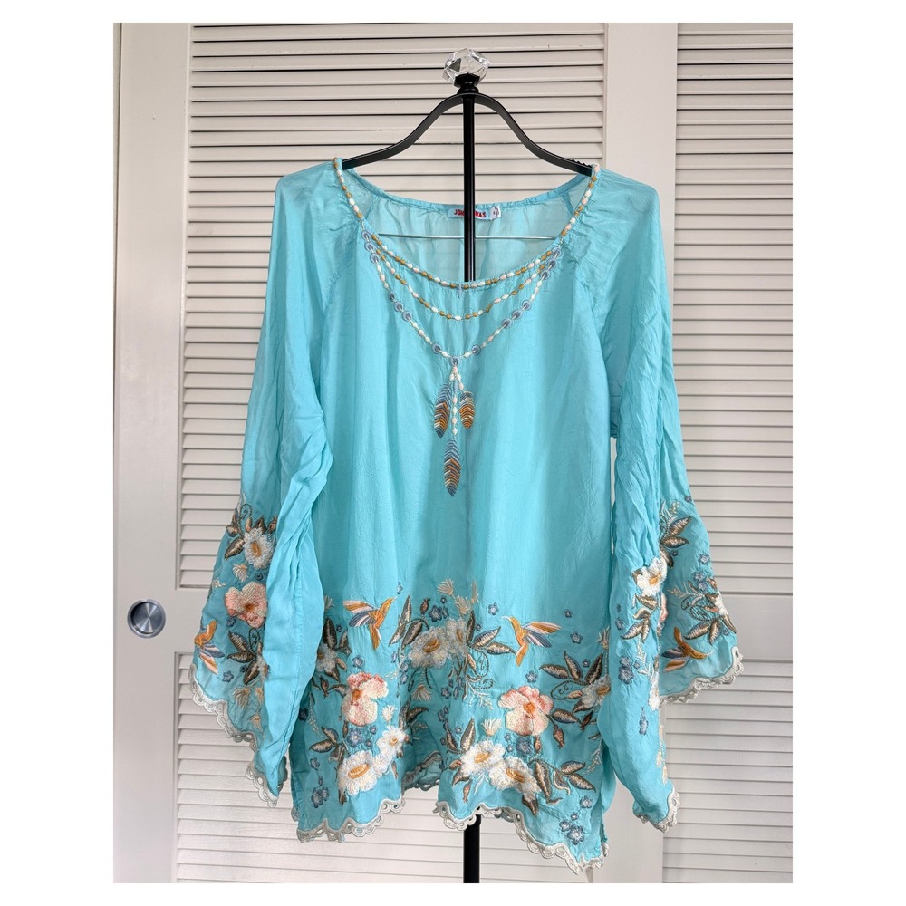 Johnny Was Turquoise  Embroidered Bell Sleeve Blouse Size XL Blue Whimsical Boho - Picture 2 of 6
